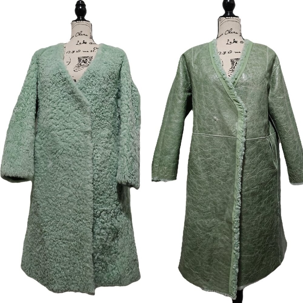 NewReal Lamb Fur Shearling Sheepskin Wrap Robe Coat Jacket Belt Hood Reversible